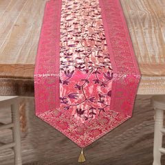 Pink Floral Gold Embroidered Silk Vintage-Style Brocade Table Runner