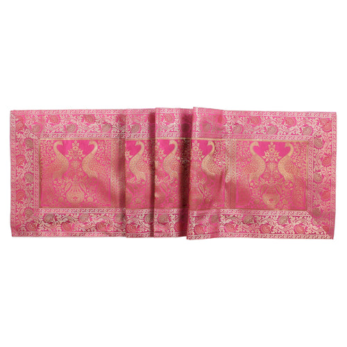 Handmade Peacock Print Pink Silk Brocade Dining Runner