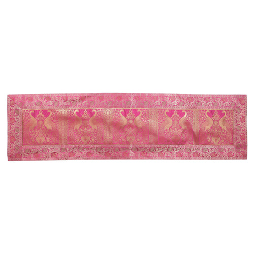Handmade Peacock Print Pink Silk Brocade Dining Runner