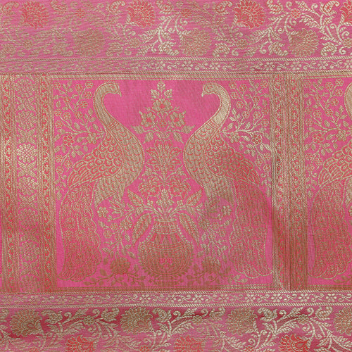 Handmade Peacock Print Pink Silk Brocade Dining Runner