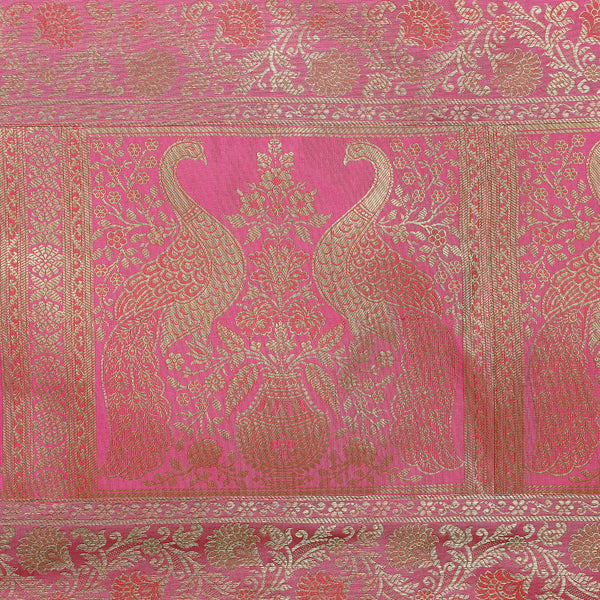 Handmade Peacock Print Pink Silk Brocade Dining Runner