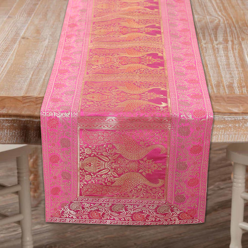 Handmade Peacock Print Pink Silk Brocade Dining Runner