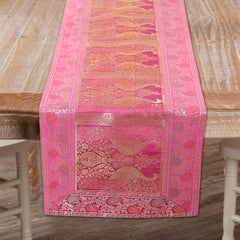 Handmade Peacock Print Pink Silk Brocade Dining Runner