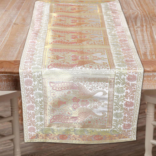Gold Embroidered Brocade 72Lx14W Inch Beige Table Runner