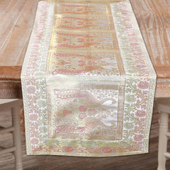 Gold Embroidered Brocade 72Lx14W Inch Beige Table Runner