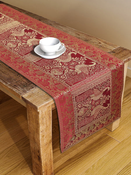Antique-Inspired Embroidered Orange Peacock Table Runner
