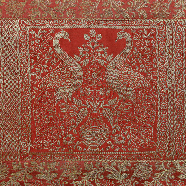 Gold Accented Peacock Red Brocade Table Runner, Dining, Wedding Decor