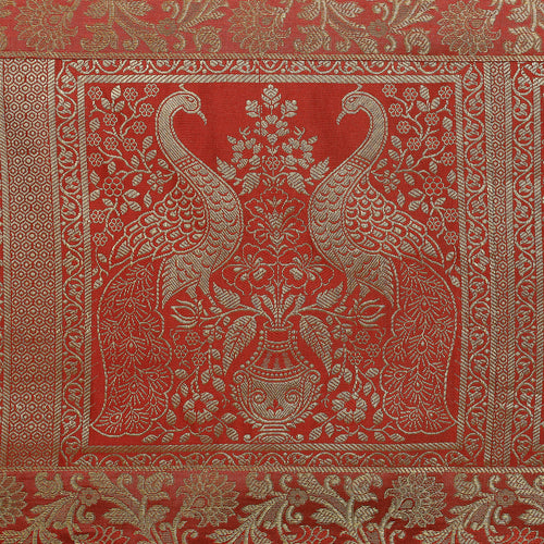 Antique-Inspired Embroidered Orange Peacock Table Runner