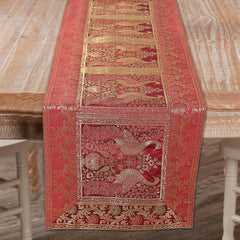 Antique-Inspired Embroidered Orange Peacock Table Runner
