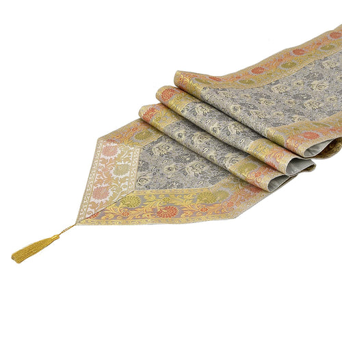 Elegant Dining White Table Runner Silk Brocade with Floral Pattern