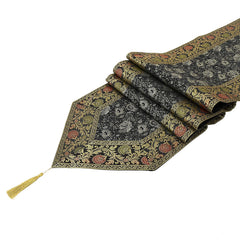 Luxury Gold Brocade Black Table Runner Embroidered Silk Fabric