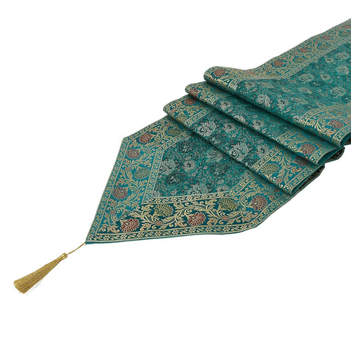 Rama Green Embroidered Brocade Table Runner - Perfect Wedding Decor, Luxury Gift