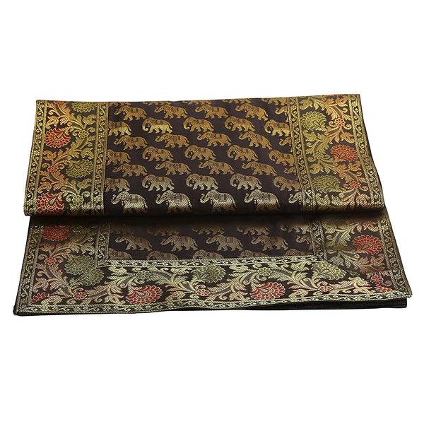 Regal Brocade Gold Accents Elephant Print Black Table Runner