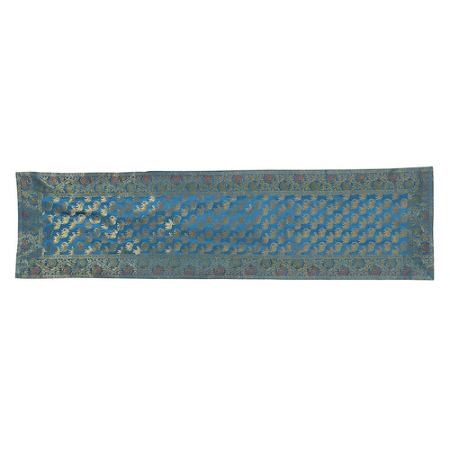 Turquoise Elephant Print Handmade Brocade Table Runner 72 Inch