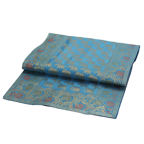 Turquoise Elephant Print Handmade Brocade Table Runner 72 Inch