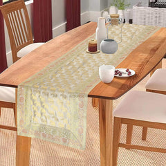 Beige Elephant Print Silk Brocade Table Decor Runner