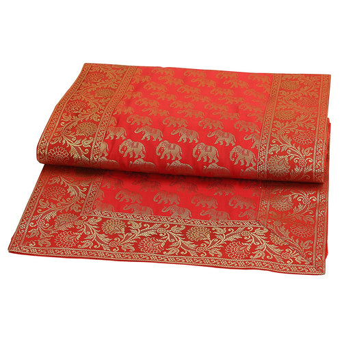 Silk Brocade Table Runner, Formal Entertaining, Red Elephant Print Runner