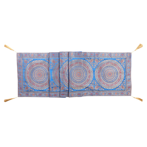 Blue Mandala Print Indian Kantha Silk Table Runner