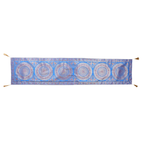 Blue Mandala Print Indian Kantha Silk Table Runner