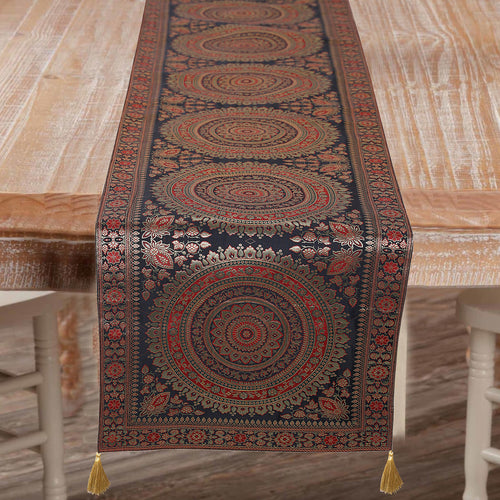 Embroidered Zari Black Brocade Table Linen Decor Runner