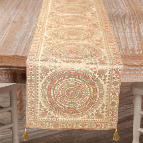 Kantha Mandala Print Beige Boho 14x72 Inch Table Runner