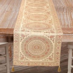 Kantha Mandala Print Beige Boho 14x72 Inch Table Runner