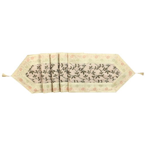 White Floral Table Runner Silk Brocade 14x72 Inch Table Runner