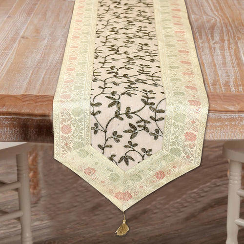 White Floral Table Runner Silk Brocade 14x72 Inch Table Runner
