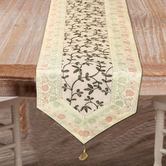 White Floral Table Runner Silk Brocade 14x72 Inch Table Runner