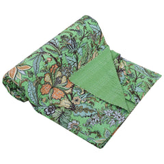 Indian Handmade Floral Kantha Green Quilt