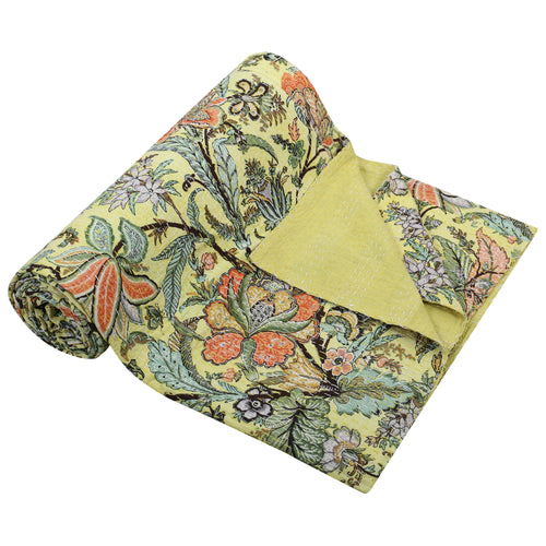 Vintage Kantha Floral Yellow Queen Quilt