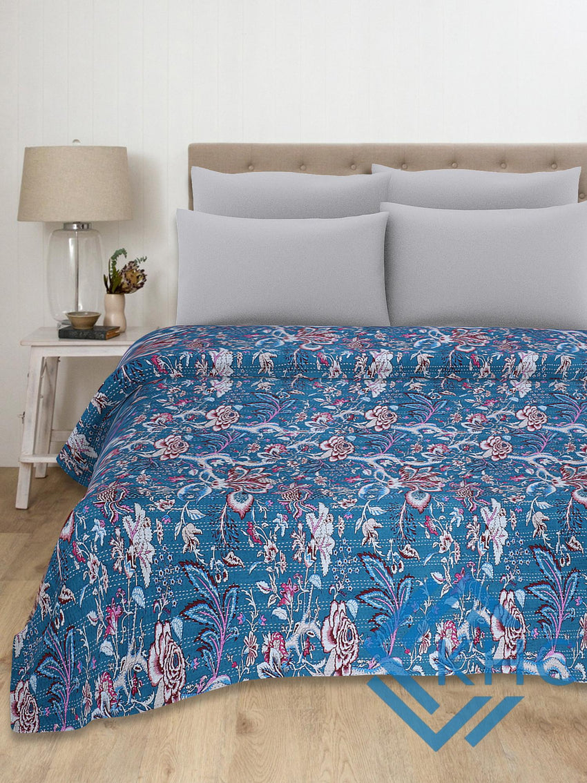 Blue Handmade Cotton Floral Quilt King Size