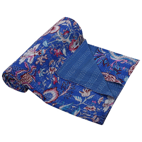 Floral Kantha Blue Handmade Throw Blanket