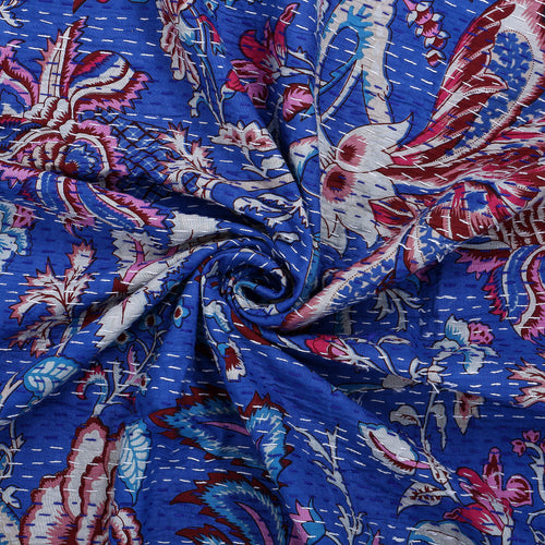 Floral Kantha Blue Handmade Throw Blanket
