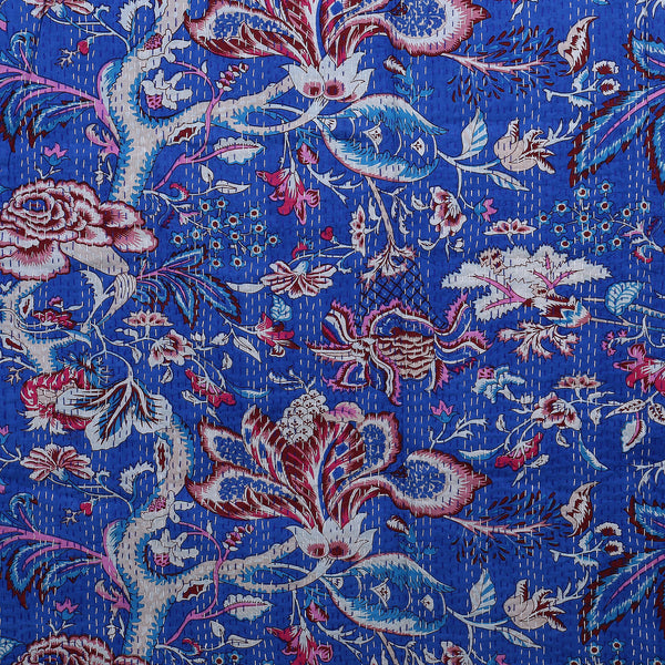 Floral Kantha Blue Handmade Throw Blanket