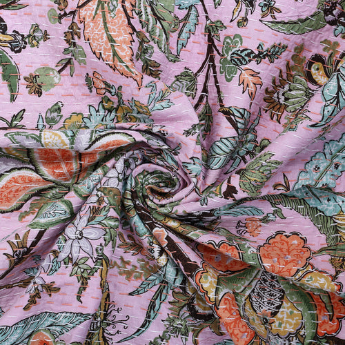 Handmade Kantha Floral Cotton Indian Quilt