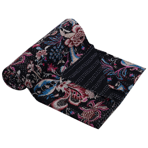 Vintage Kantha Black Floral Handmade Indian Quilt