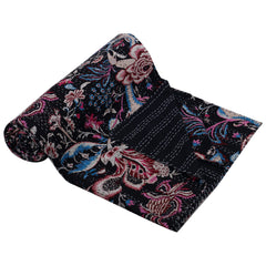 Vintage Kantha Black Floral Handmade Indian Quilt