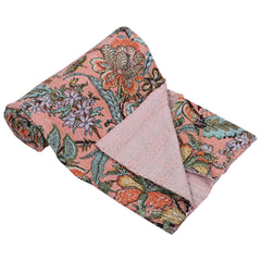 Peach Floral Cotton Bedspread Quilt Throw
