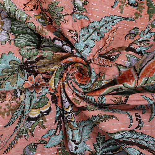 Peach Floral Cotton Bedspread Quilt Throw