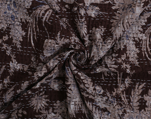 Brown Floral Kantha Handmade Bedding Quilt