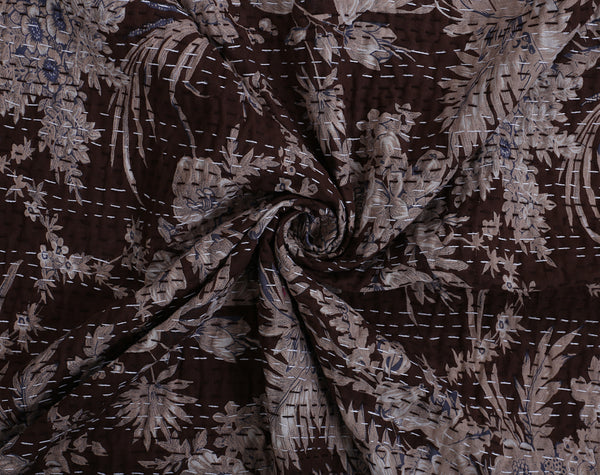 Brown Floral Kantha Handmade Bedding Quilt