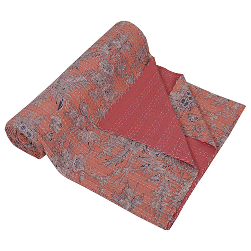 Vintage Kantha Block Print Floral Red Cotton Quilt
