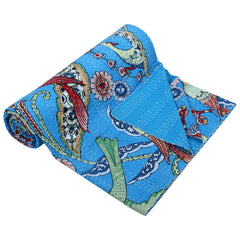 Turquoise Blue Bird Print Handmade Cotton Vintage Quilt