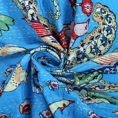 Turquoise Blue Bird Print Handmade Cotton Vintage Quilt