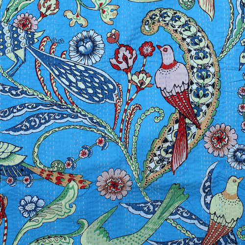 Turquoise Blue Bird Print Handmade Cotton Vintage Quilt