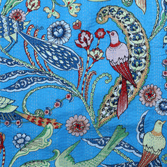 Turquoise Blue Bird Print Handmade Cotton Vintage Quilt