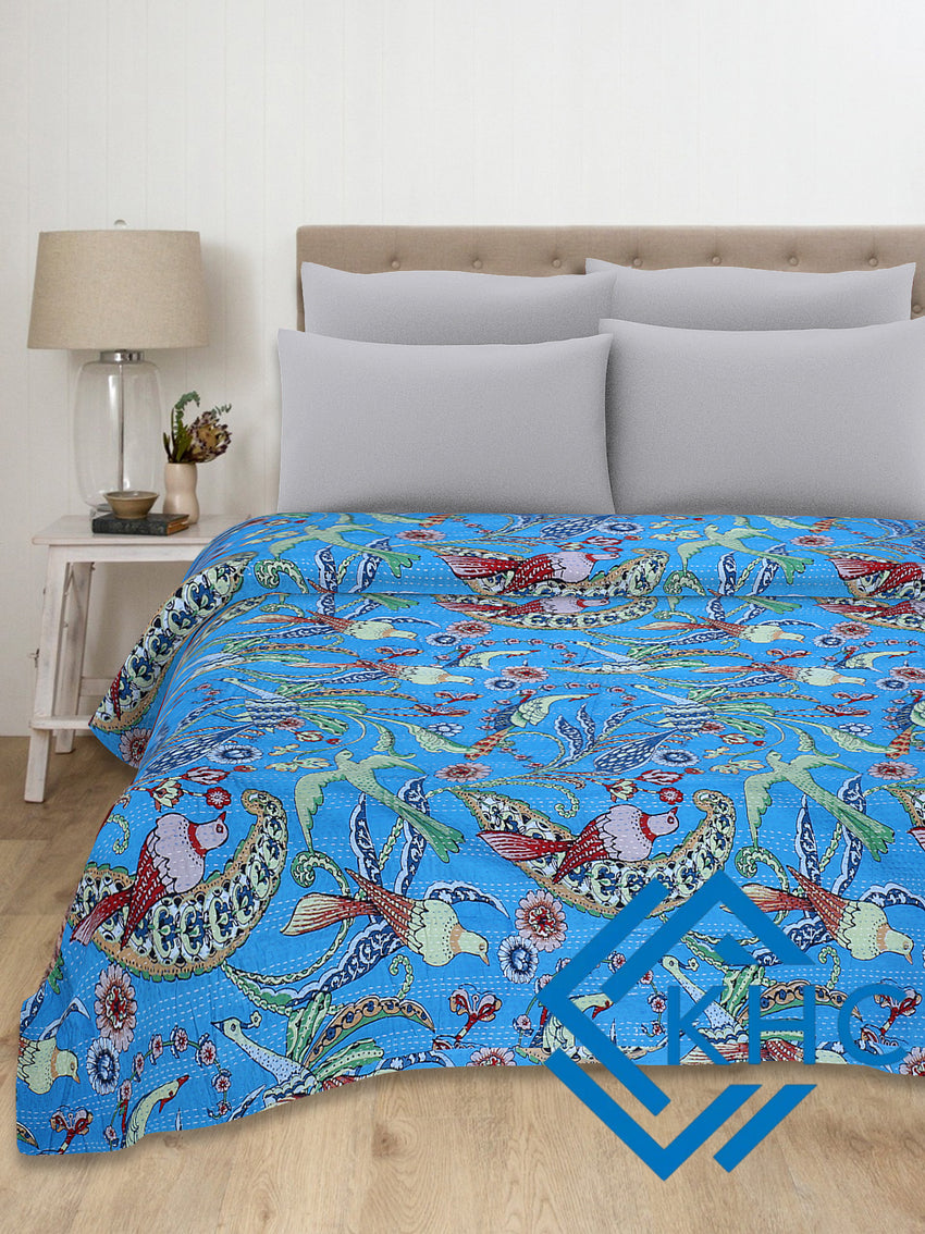 Turquoise Blue Bird Print Handmade Cotton Vintage Quilt