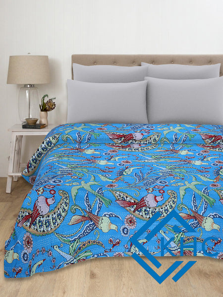 Turquoise Blue Bird Print Handmade Cotton Vintage Quilt