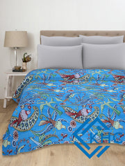 Turquoise Blue Bird Print Handmade Cotton Vintage Quilt